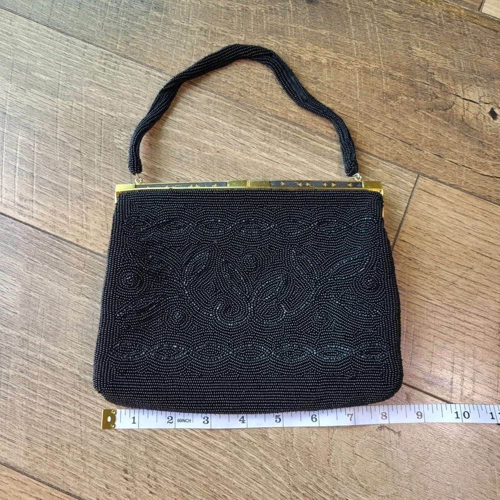 Walborg Vintage Black Bead Evening Bag Hand Made in Japan Gold Tone Frame Purse